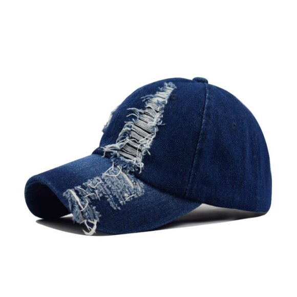 Navy Blue Distressed Denim Baseball Cap Ripped Hat‎ For Women, Men Solid - Picture 1 of 9